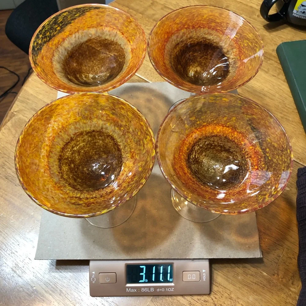 Set Of Four Vintage Hand Blown Glass Orange Brown Heavy Martini Glasses